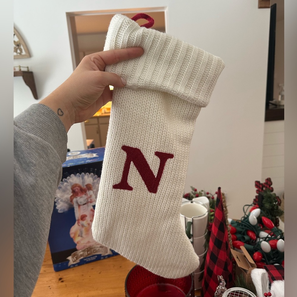 White Knit Stocking with Red Initial